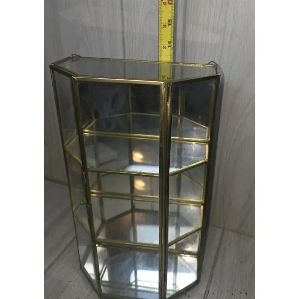 Vtg Glass Mirror Brass Curio Trinket Display Cabinet 3 Shelves Miniatures FLAW